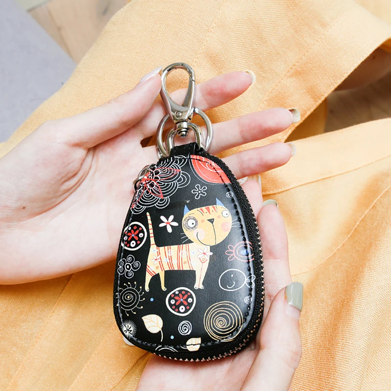 Fashion Painted Design Key Bag for Women Small Leather Key Wallets Housekeepers Car Holder Case