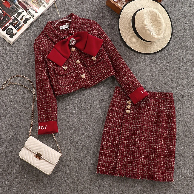 1796tweed Vefinear, Осень-зима, сексуальные твидовые топы и мини-платья, комплект из 2 предметов, на пуговицах, открытая облегающая юбка и свитер, комплект из двух предметов - Цвет: 1796tweed