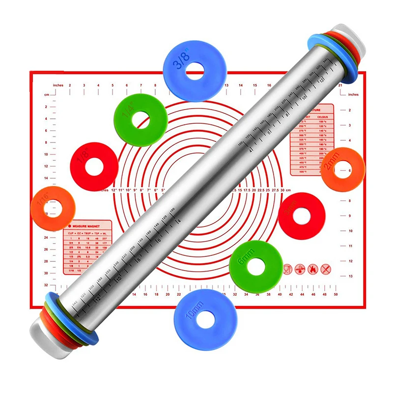 Регулируемый Нержавеющая сталь Скалки тесто ролик с 4 съемные регулируемые Толщина кольца и коврик для мучных изделий для длявыпечки для теста
