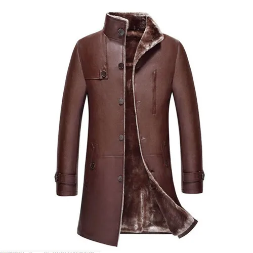 light brown Мужской однобортный длинный плащ размера плюс 5XL, кожаные зимние теплые куртки с меховой подкладкой, верхняя одежда, парка - Цвет: light brown