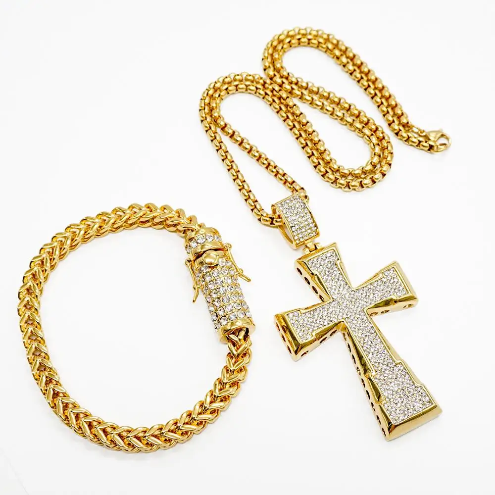 Хрустальный крест ожерелье для мужчин золотой цвет хип-хоп нержавеющая сталь цепь религиозное ожерелье s Кулон Мужской христианский ювелирный подарок - Окраска металла: gold color