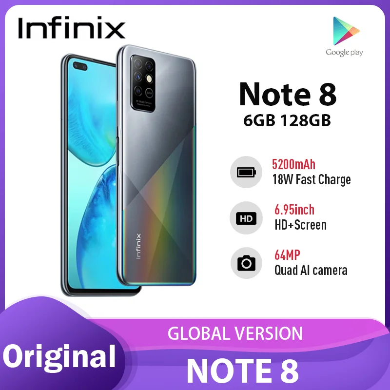 Infinix-teléfono inteligente Note 8, versión Global, 6GB, 128GB, pantalla HD de 6,95 pulgadas, 5200mAh, G80 helicoidal, 18W, carga rápida