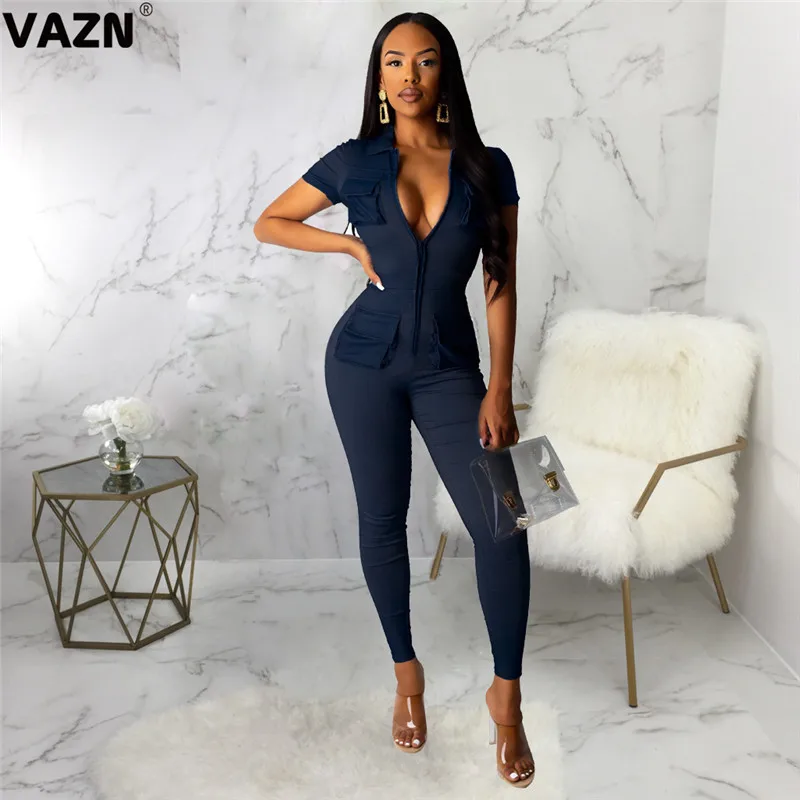 VAZN SMR9341 новые свободные спортивные костюмы Комбинезоны однотонные с коротким рукавом и молнией круглый короткий рукав женские эластичные длинные узкие комбинезоны