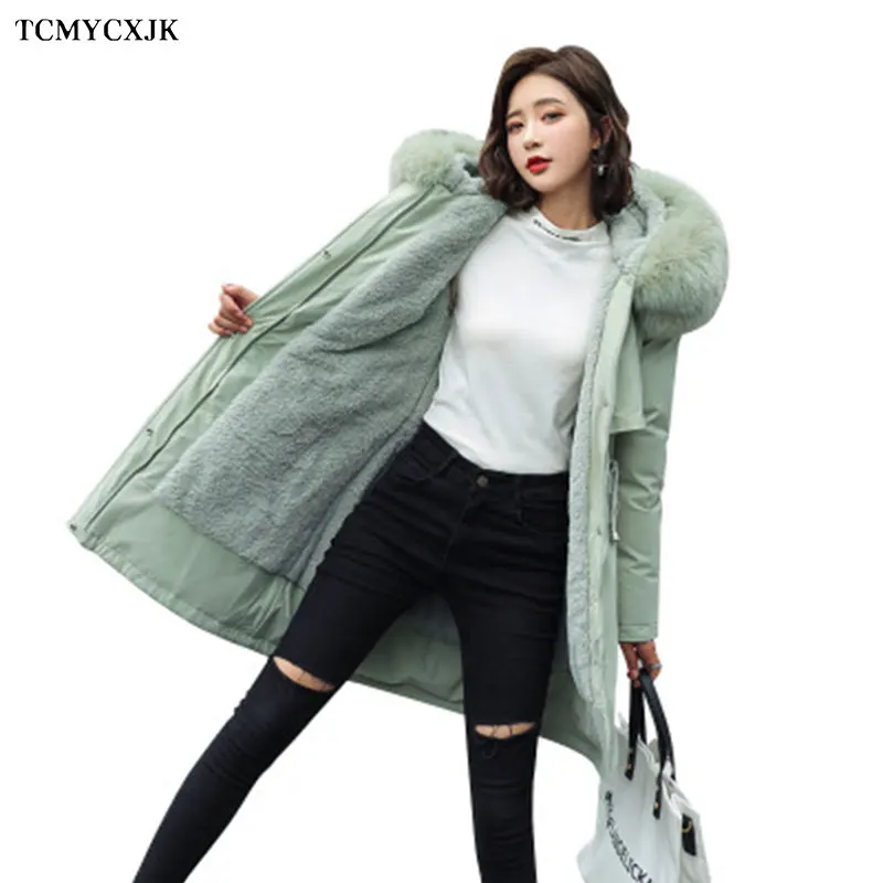 

2020 Winter New Women's Parka Jacket Mid-length Hooded Big Fur Collar Plus Velvet Cotton Coat Plus Size Waist Keep Warm Jackets