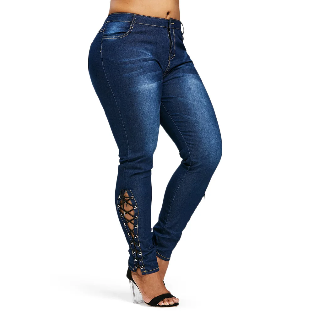 

Rosegal Plus Size Zipper Fly Side Lace Up Jeans Skinny High Waist Pockets Denim Pant Women Jeans Pencil Pants Trousers Big Size
