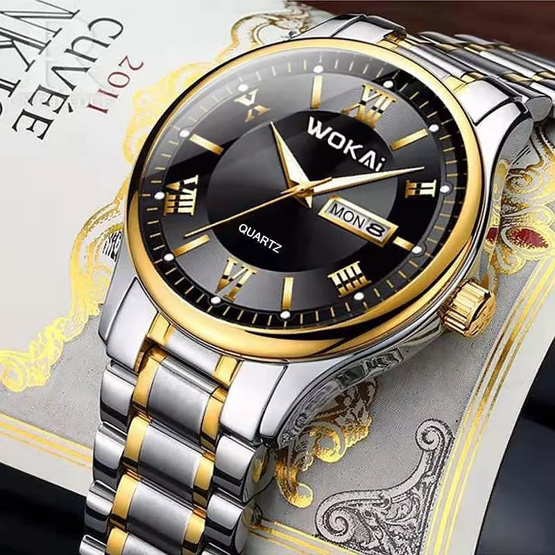 WOKAI-Montre à quartz étanche avec bracelet en acier pour homme, horloge Shoous, double calendrier, anglais et chinois, haute qualité, décontracté