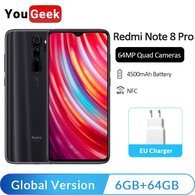 

Global Version Xiaomi Redmi Note 8 Pro 6GB 64GB Mobile Phone 64MP Quad Cameras Helio G90T Octa Core 6.53inch 4500mAh Battery NFC