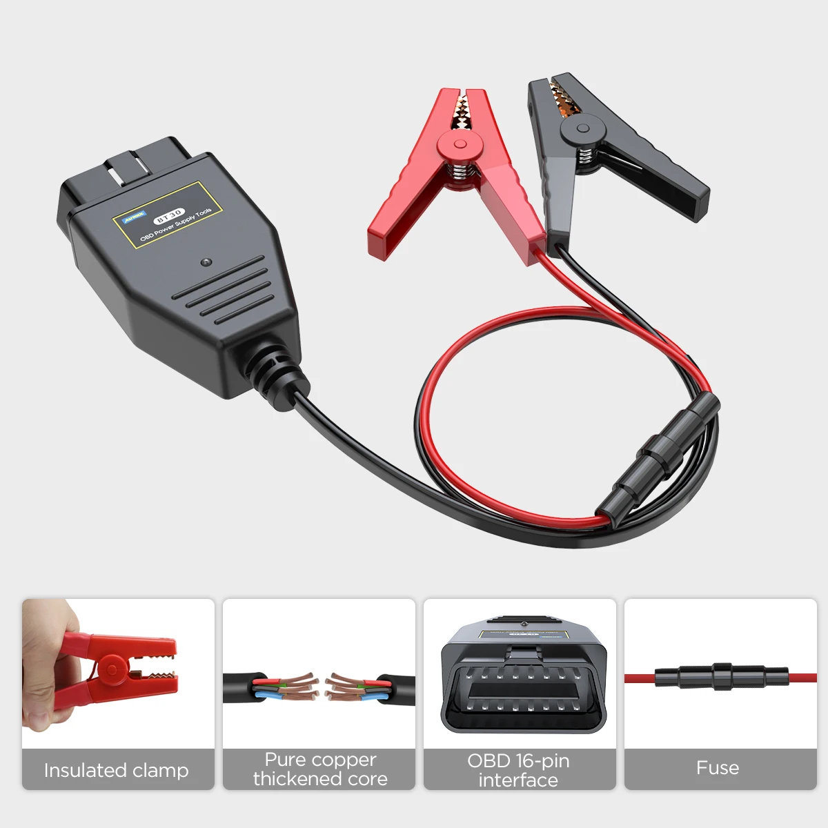 AUTOOL BT-30 Car ECU Emergency Power Supply Battery Clip Battery OBD2 Connectors Emergency Power Off Protector ECU Memory Cable