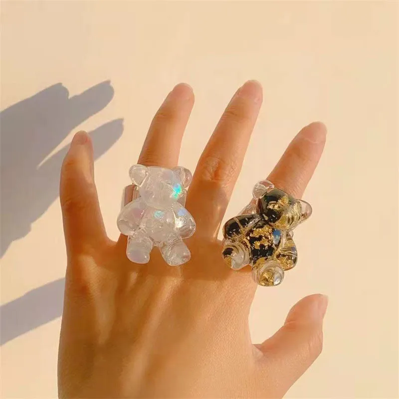 Cartoon Cute Gold Color Foil Transparent Bear Resin Rings Geometric Acrylic Square Ring For Women Girls Party Jewelry Gift gold color rings gold color ring finger ring animal ring