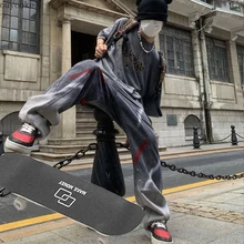 Pantalones vaqueros Vintage lavados con tinta de salpicaduras para mujer, Jeans bordados de Hip Hop, pantalones vaqueros de monopatín Y2K, pantalones de cintura alta, Vaqueros grises