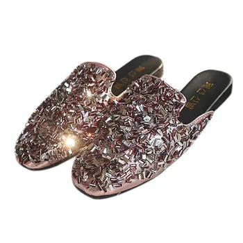 

Ladies Summer Shiny Rhinestone Slides Fashion Wild Mules Comfortable Outdoor Slippers Bright Women Slippers Leisure Flat Mules