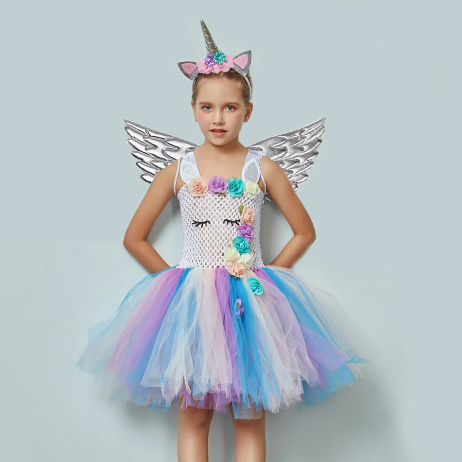 Girls Rainbow Unicorn Costume Dress For Party Show Halloween Pony Costumes Baby Cosplay Cartoon Outfits with Wing Disguise Cloth |