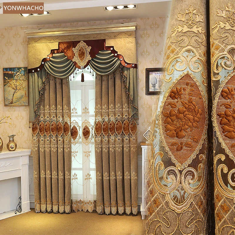 

Custom curtains European high-class chenille fabric embroidered bedroom brown cloth blackout curtain tulle valance drape B863