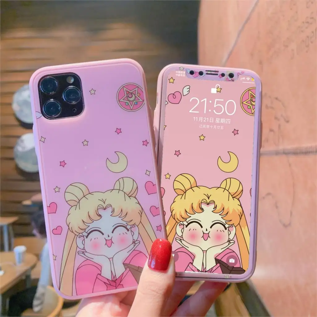 Cartoon Pattern Glass Phone Case+ Soft Edge Screen Protector Tempered For iPhone 11 Pro Max XS X XR 7 8 Plus | Мобильные телефоны и