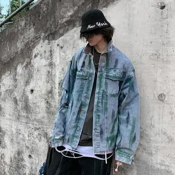 

Street Decadent Hole Painted Denim Jacket Letter Denim Jacket Men Autumn Lapel Washed Jacket Hip Hop Club Party Jeans Coat Men