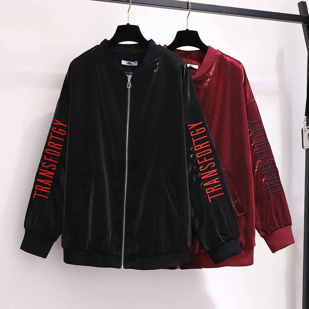 XXL ~ 6XL Женская бархатная куртка осень-зима 2019 куртка-бомбер с вышитыми буквами