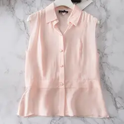 Розовая шелковая блузка 100% натуральный шелк Женские Элегантные рубашки без рукавов летние розовые сплошной шелк цвета Топы Блузка для