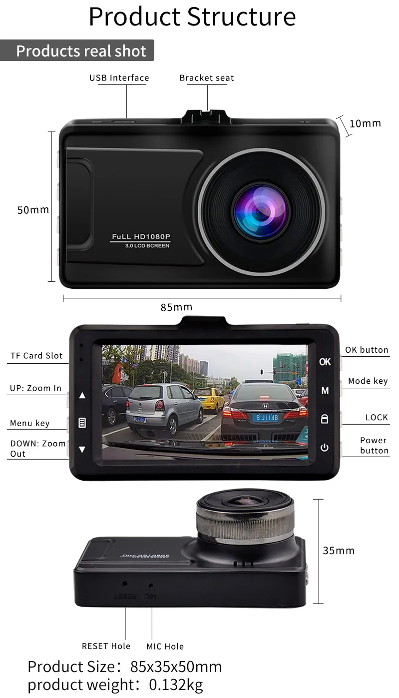 Автомобильный семейный видеорегистратор 3,0 дюймовый экран камера Full HD 1080P Автомобильный регистратор видео рекордер 170 градусов широкоугольный Автомобильный видеорегистратор