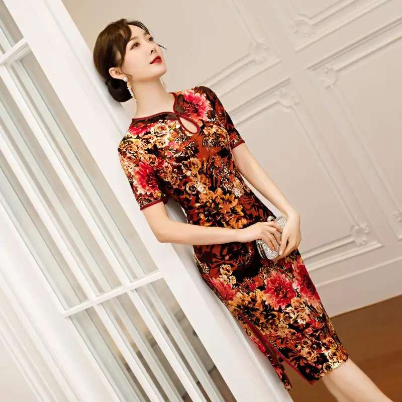 Женское платье Ципао, классический воротник-стойка, сексуальное, новинка, Cheongsam Vestido De Soiree, вечернее платье, тонкое, обтягивающее, размера плюс 5XL - Цвет: Red F