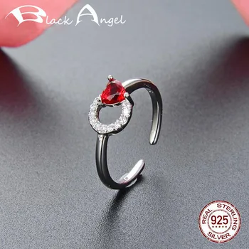 

New Design 925 Sterling Silver Clear CZ Circle Red Zircon Love Heart Open Ring for Women Fine Jewelry Adjustable