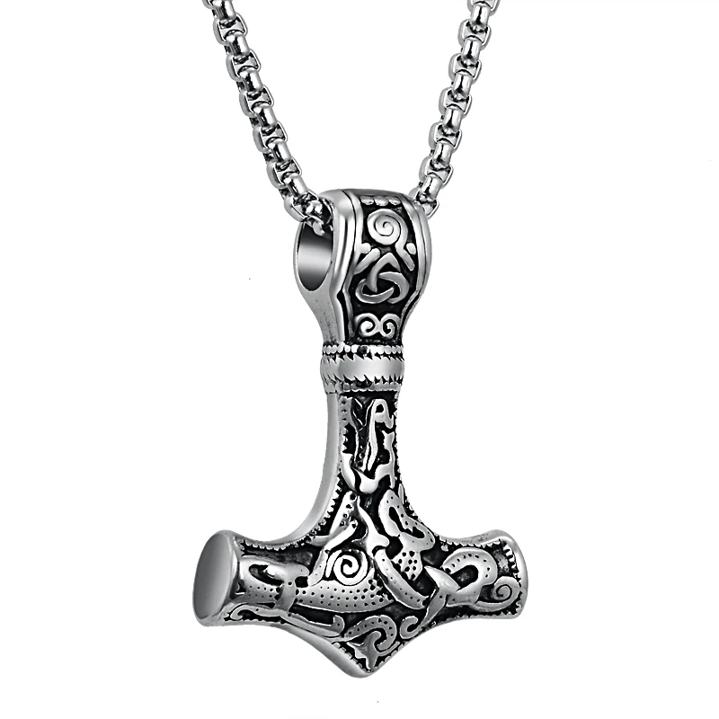 Men's Thor hammer Mjolnir Pendant Necklace Stainless Steel viking scandinavian Norse Viking Necklace Jewelry 24"Chain for Man - Окраска металла: Silver