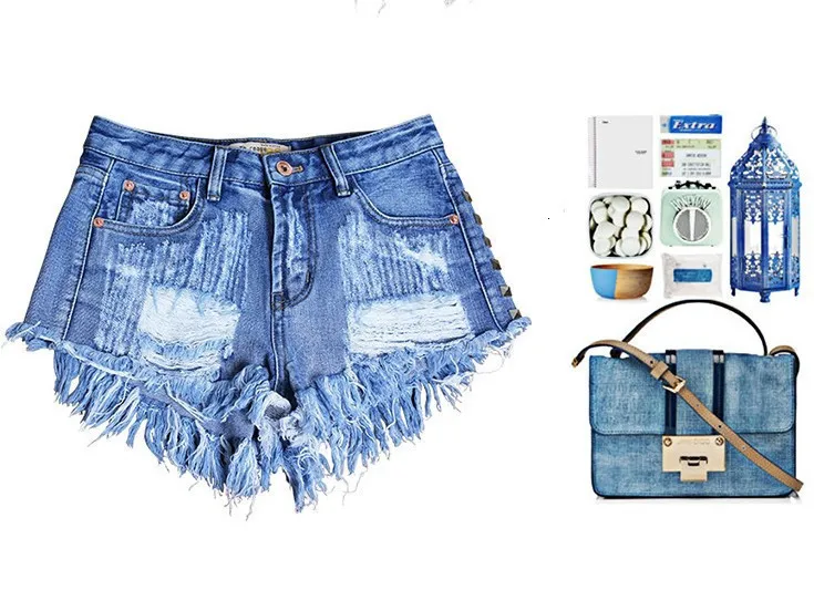 DEAT Women's Fashion Brand Vintage Tassel Rivet Ripped High Waisted Short Jeans Punk Sexy Hot Woman Denim Shorts ME236