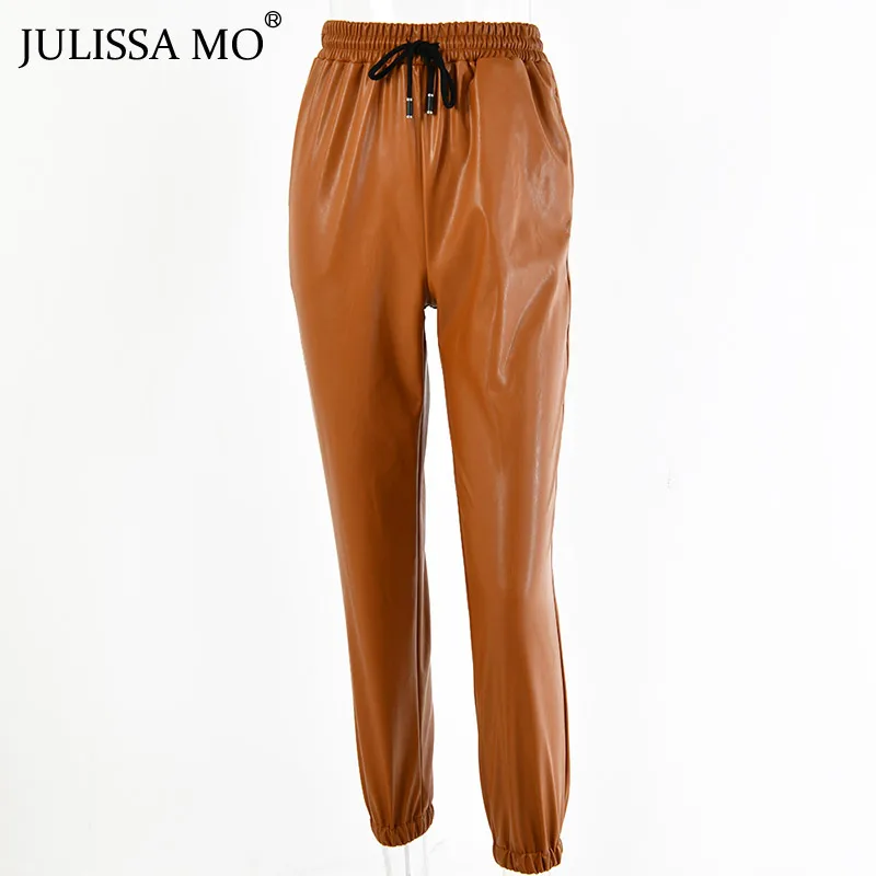 JULISSA MO черные женские шаровары из искусственной кожи с высокой талией, эластичные меховые брюки из искусственного меха, повседневные уличные брюки на осень и зиму - Цвет: Хаки