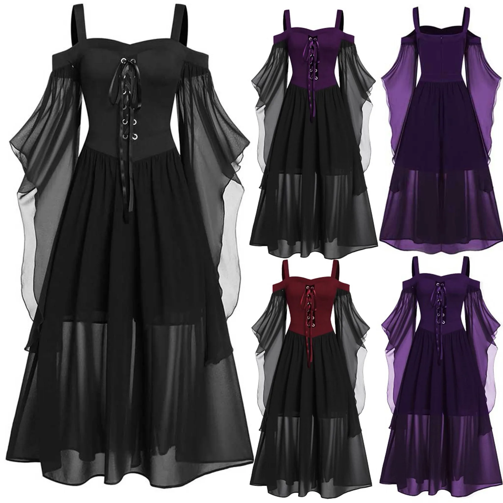 Women Dresses Ropa Mujer Gotica Vestidos Elegant Plus Size Cold Shoulder Butterfly Sleeve Lace Up Halloween Clothing Dress 1