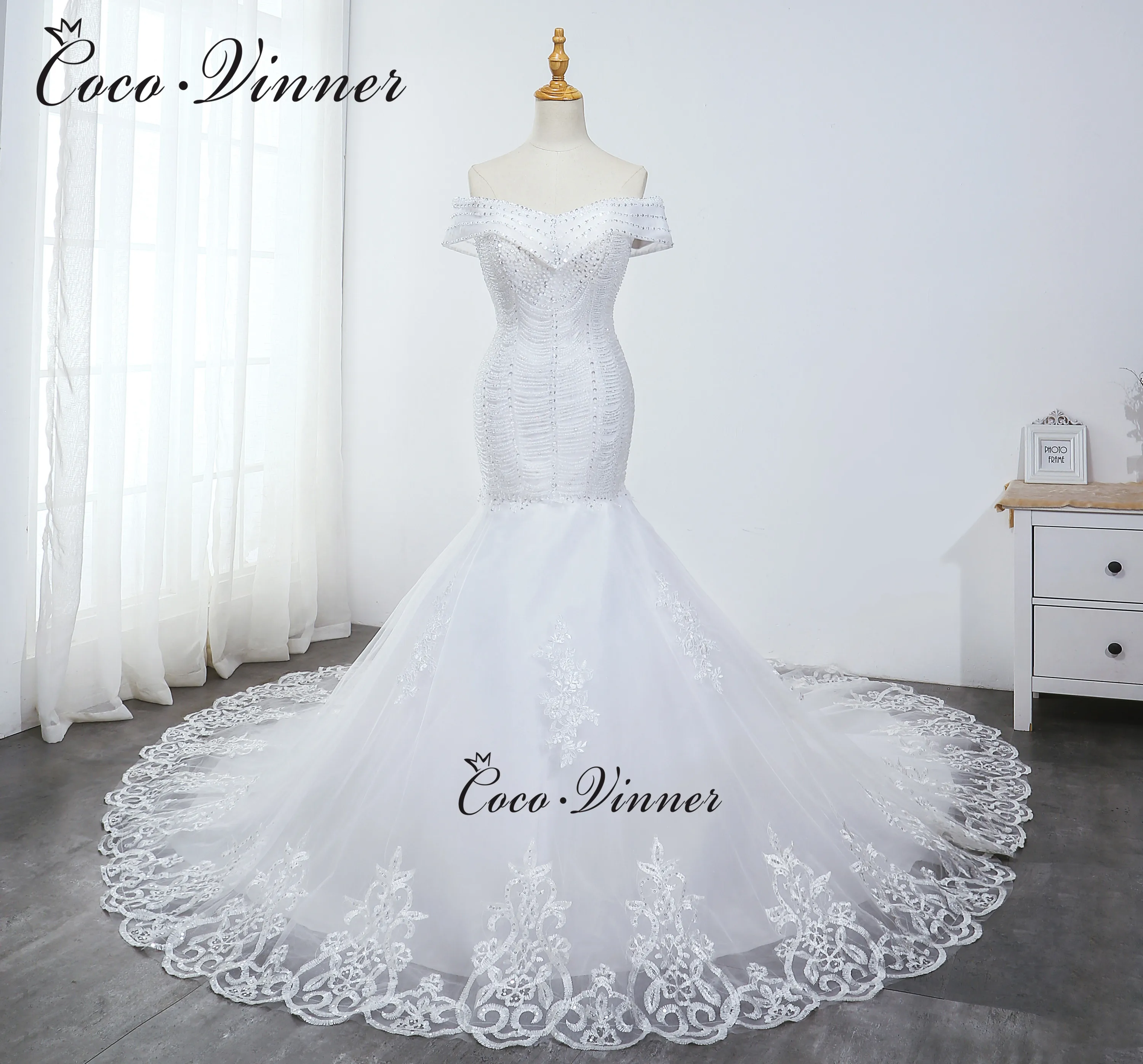 Cap Sleeves Bright Pearls Beading Mermaid Wedding Dress for woman Embroidery Lace up legant White Quality Gown WX0036 | Свадьбы и