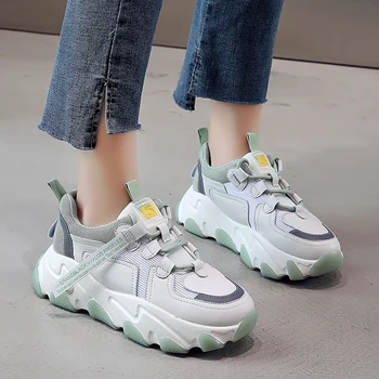 

2020 Fashion genuine leather mesh off white round toe 5CM flat platform chunky sneakers women green Casual shoes spring/autumn