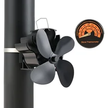 Heat Powered Stove Fan 4 Blades,Silent Flue Pipe Hanging Fireplace Fan &Thermometer Eco-Friendly on Chimney for Wood Logs Burner