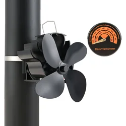 Heat Powered Stove Fan 4 Blades,Silent Flue Pipe Hanging Fireplace Fan &Thermometer Eco-Friendly on Chimney for Wood Logs Burner