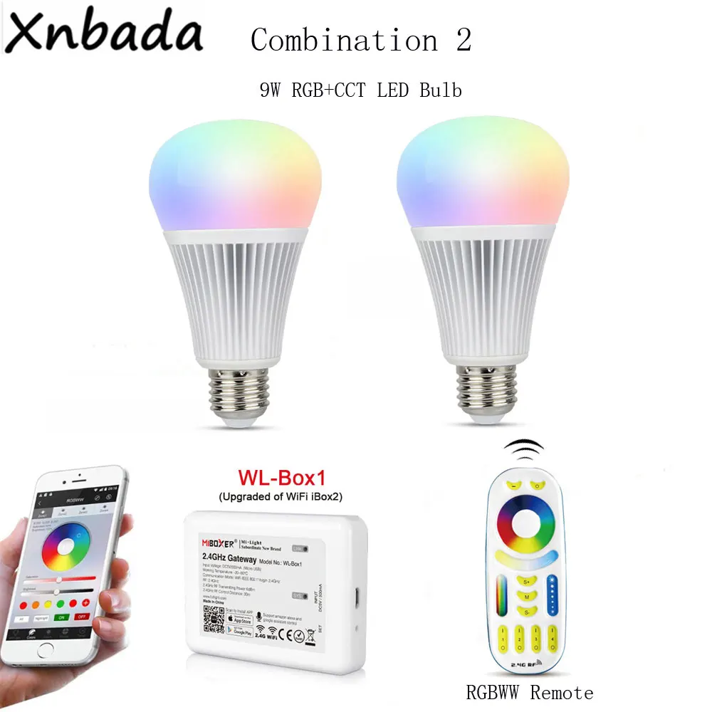 Milight Светодиодная лампа E27 9 Вт RGB+ CCT, 2,4G RGBWW пульт дистанционного управления, беспроводной WL-Box1Work с Amazon Alexa Google assistant