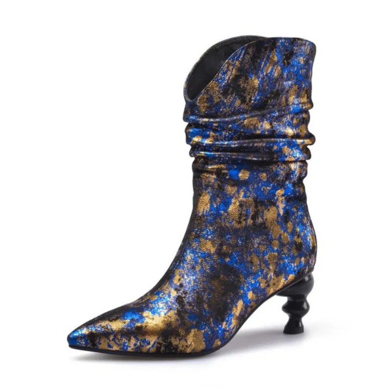 Coolcept Trend Women Mid Calf Boots Pointed Toe Zipper Print High Heels Shoes Genuine Leather Women Footwear Size 33-40