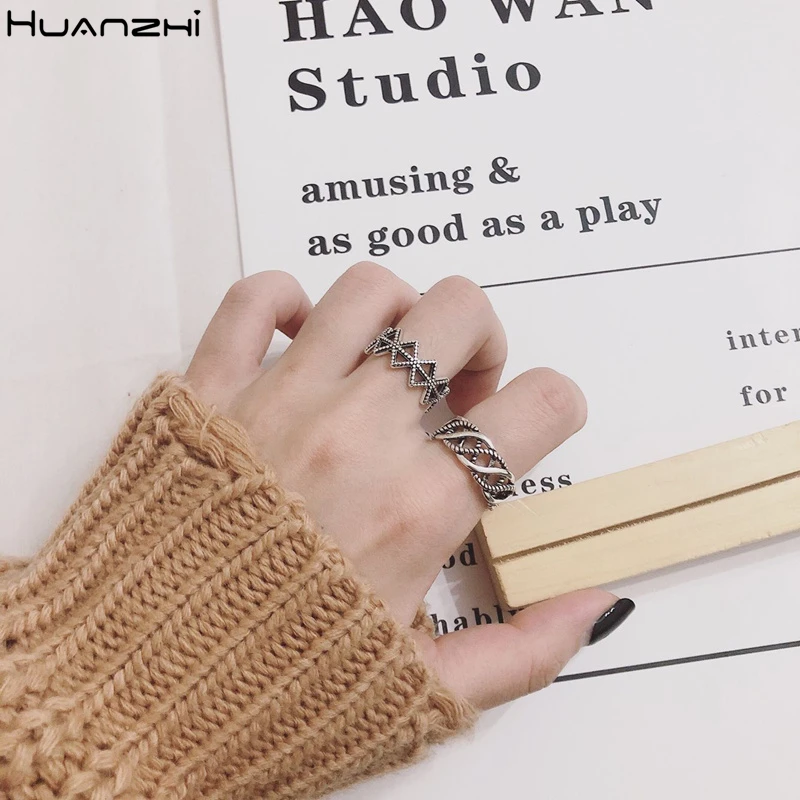 HUANZHI 2020 Simple Chain Twine Irregular Geometric Rings Vintage Thai sSilver Open Adjustable Ring for Women Men Jewelry | Украшения и