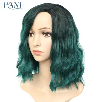 

PANI Synthetic Wigs for Women Short Wavy Wig Bob Wigs Heat Resistant Fiber Lolita Wig Cosplay Ombre Dark Green Hair Natural Wig