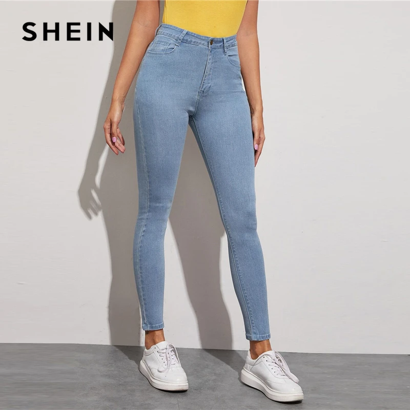 SHEIN синие однотонные светильник мыть с пятью карманами обтягивающие укороченные повседневные джинсы Для женщин брюки весна пуговицы узкие джинсовые брюки