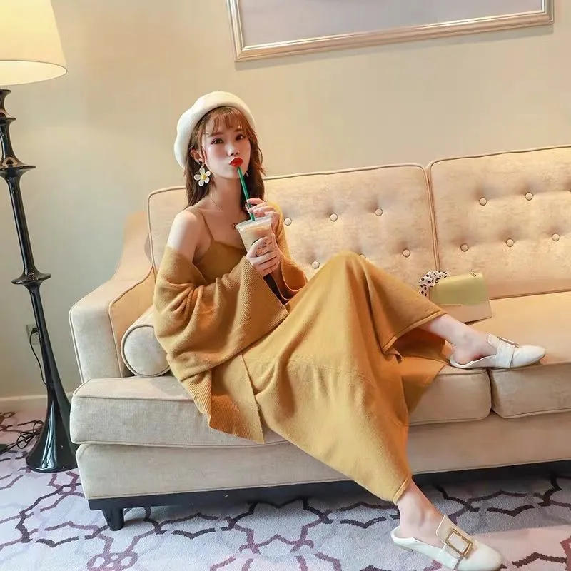 

Fashion Bodycon Dress Set Sweater Set Tide Autumn Knitted Sweater Cardigan Two Piece Suit O-Neck Retro Solid Loose Outfits