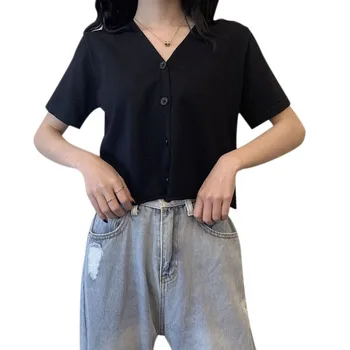 

Women's t-Shirts Summer New Gentle Female Tshirt Top v-Neck Thin Ice Silk Knit Short-Sleeved Cardigan Free Size Solid Color Saco