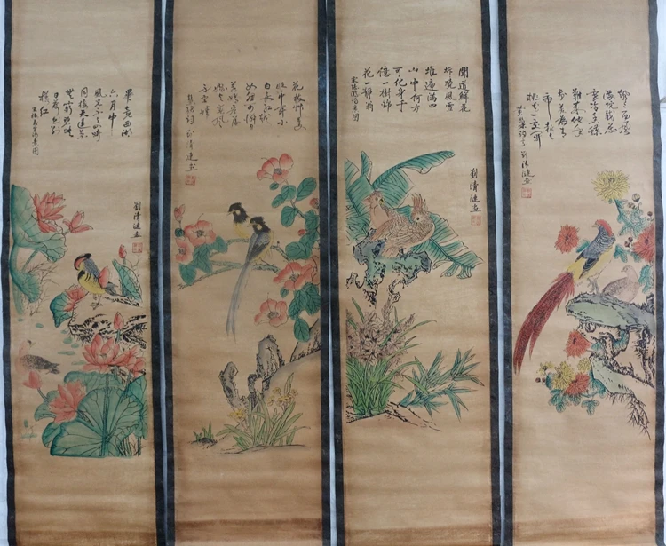 

China old scroll painting Four screen paintings Middle hall hanging painting Flower and bird chart