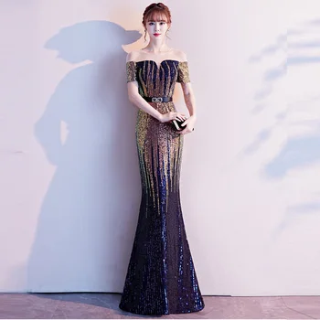 

Luxury Gold And Blue O Neck Short Sleeve Long Formal Women Dresses Evening Party Mermaid Sequin Dress Plus Size Night Club Wear