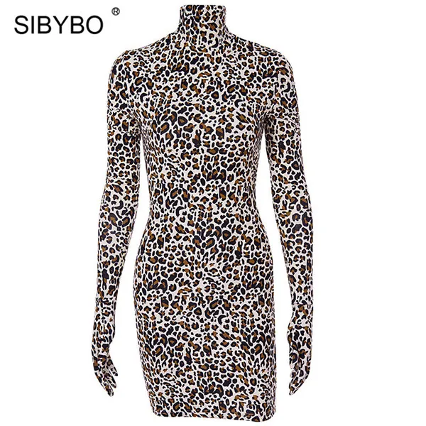 As Shown SIBYBO, леопардовое платье с воротником под горло, повседневное платье, женская мода, длинный рукав, хлопок, мини, облегающее, сексуальное, вечерние, платье - Цвет: As Shown
