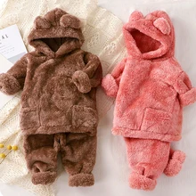 Ensemble de vêtements de nuit en molleton de corail pour bébé garçon et fille, pyjama chaud à capuche, pour la maison, hiver