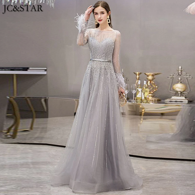 new tulle crystal feather long sleeve A Line silver grey Champagne gold bridesmaid dresses vestidos de fiesta de noche