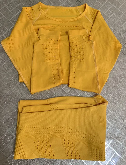 Yellow set Безупречный вязаный бесшовный комплект для йоги Женская одежда для фитнеса спортивная одежда короткий топ с длинными рукавами+ спортивные сетчатые леггинсы 2 шт. спортивные костюмы - Цвет: Yellow set