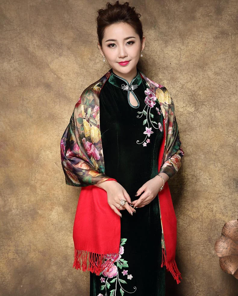 Национальный стиль Cheongsam картина маслом шаль шарф женский шелковый кашемировый шарф ретро свадьба вечеринка накидка палантин обертывания - Цвет: 18