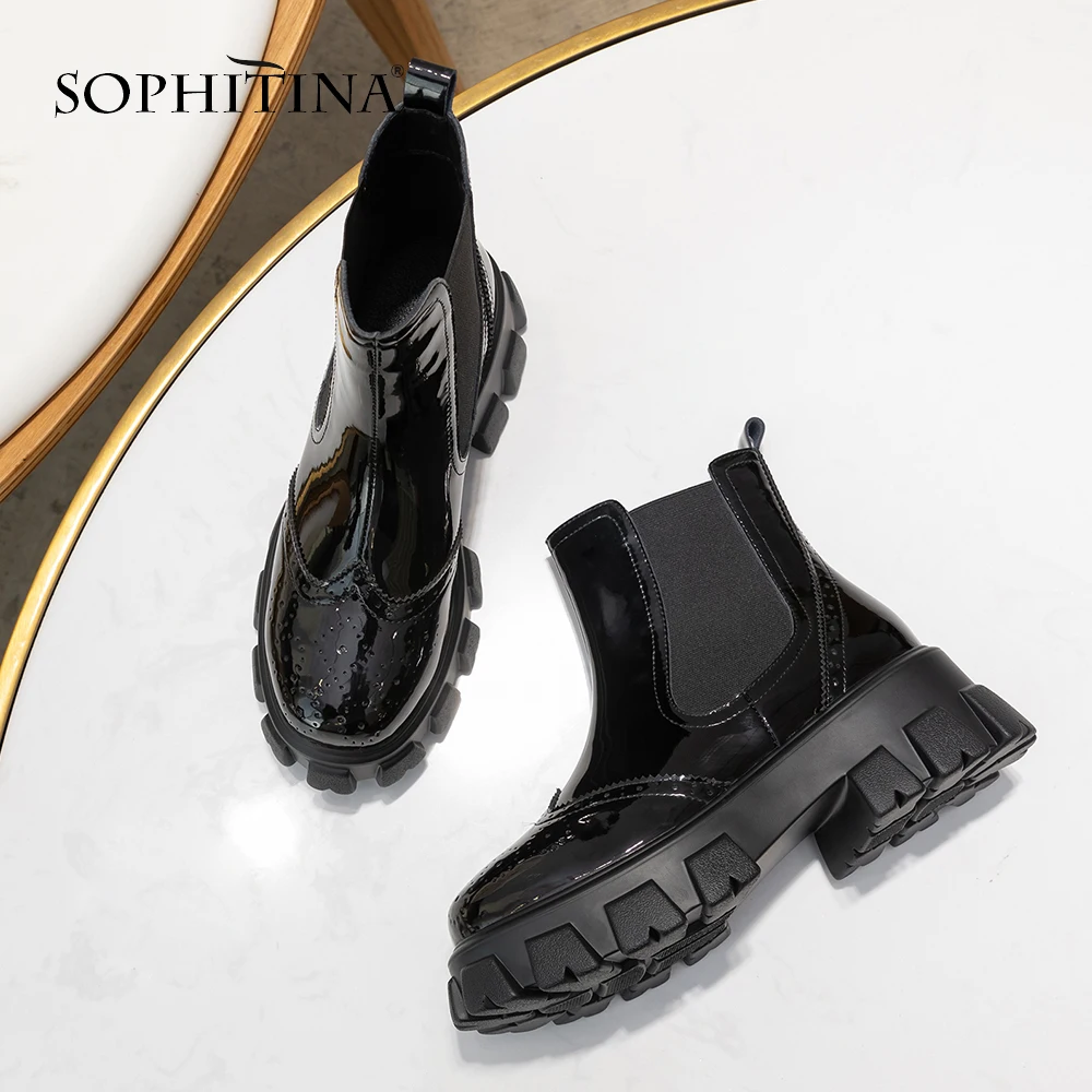 Женские ботинки из лакированной кожи SOPHITINA черные на высоком каблуке с круглым