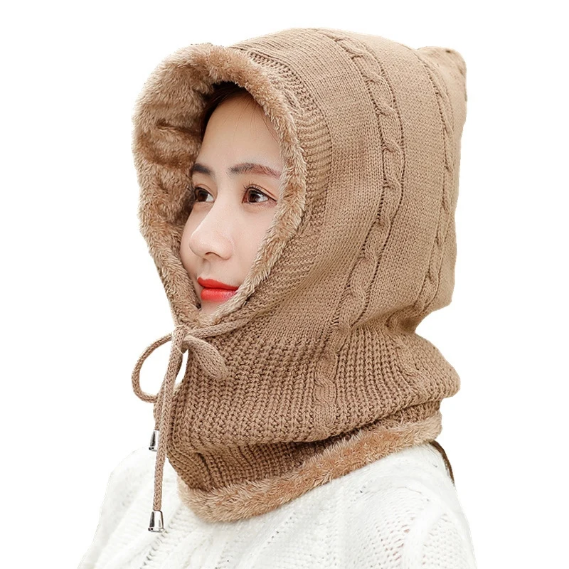 

Hat Scarf Hooded Female Winter Plus Velvet Thickened Cycling All-In-One Warm Knit Woolen Hat