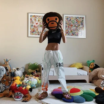 

White Flaming Fire Printed Streetwear Pants Women Korean Style Elastic High Waist Sweatpants Baggy Pants Summer Autumn
