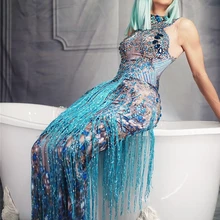 Женское синее платье с бахромой, стразы, одежда для сцены, большое стрейчевое платье, певица, вечернее платье с кисточками, длинное платье